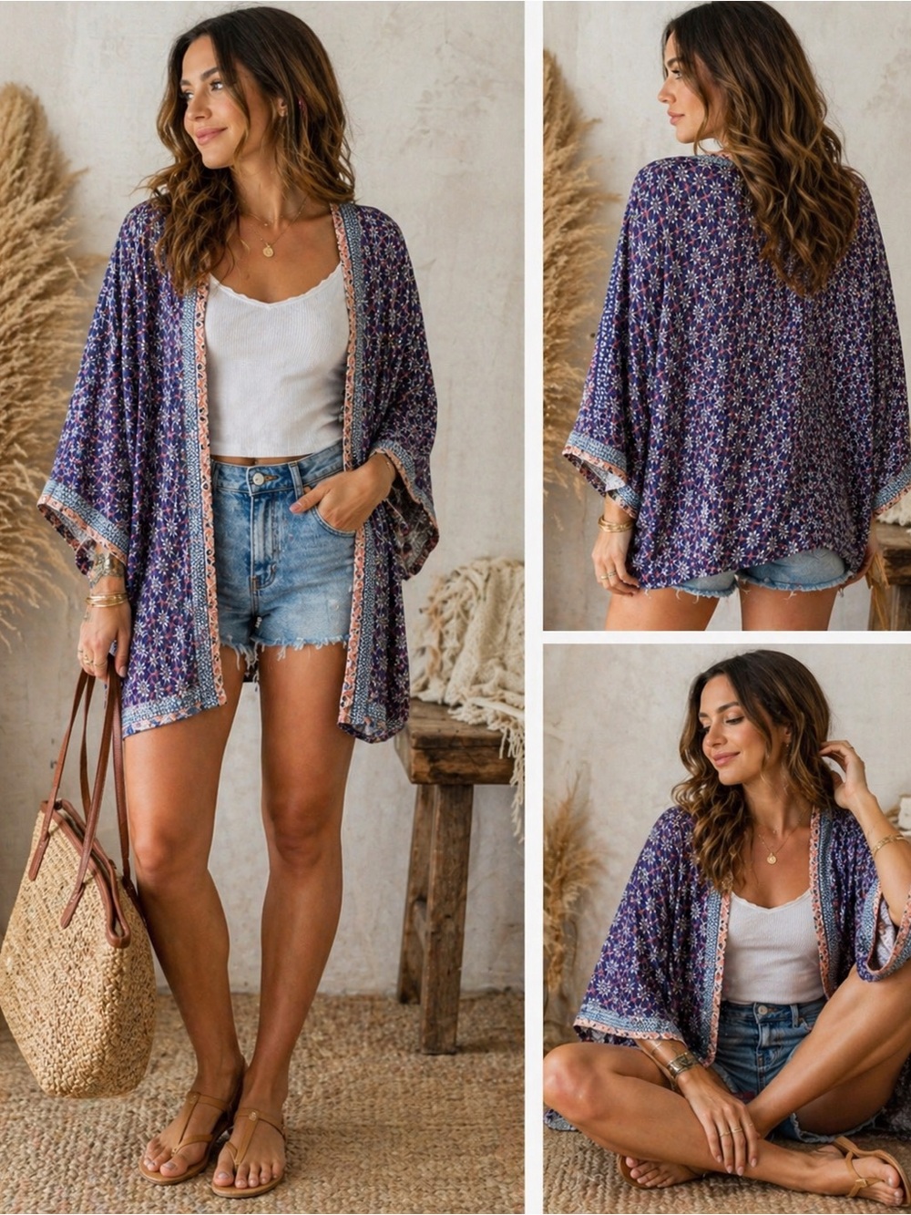 Sim & Sam Blue Peach Border Open Boho Kimono- S\M